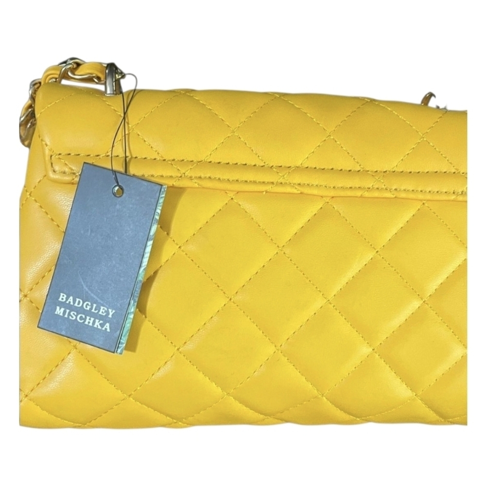 Badgley Mischka Quilted Yellow Shoulder Bag, 8"L x 6"H x 2", Chain Strap, NEW - Picture 4 of 9
